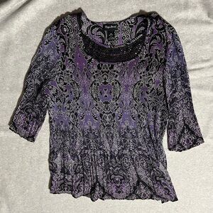 Women's Purple and Black Sheer Top with Jeweled Neckline